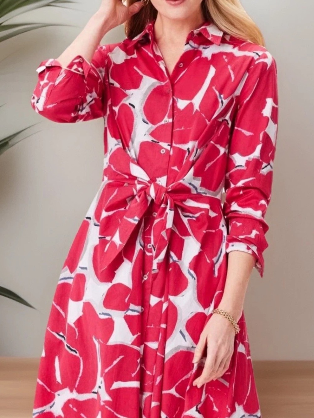 NIC + ZOE Dress Small Red Bold Petals Jessie Stretch Cotton SPRING Shirtdress - Picture 2 of 16